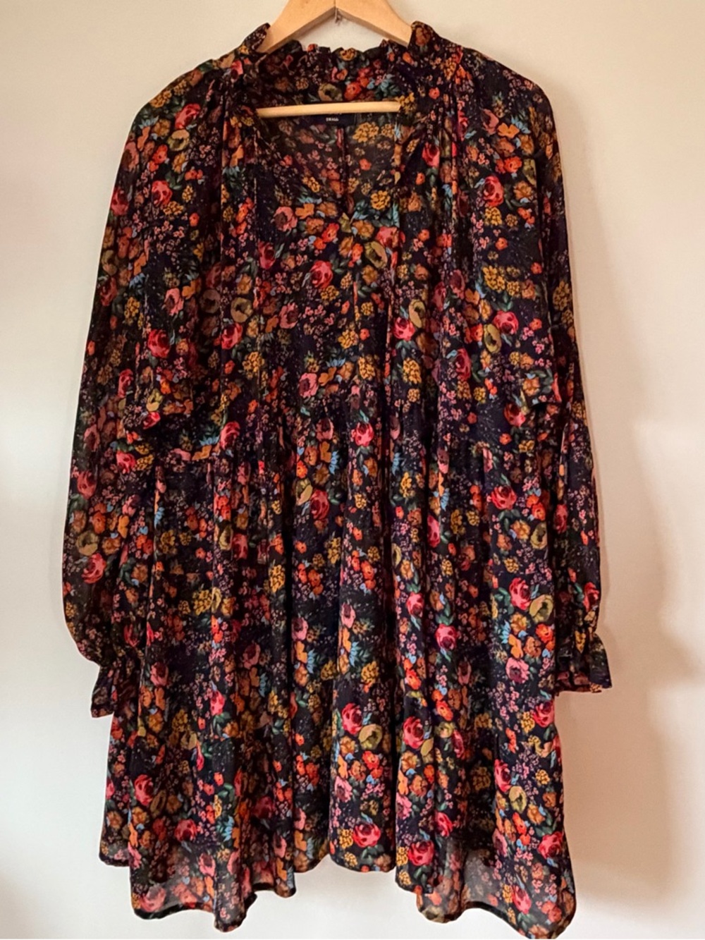 Vici Black Floral Tie-Neck Babydoll Dress